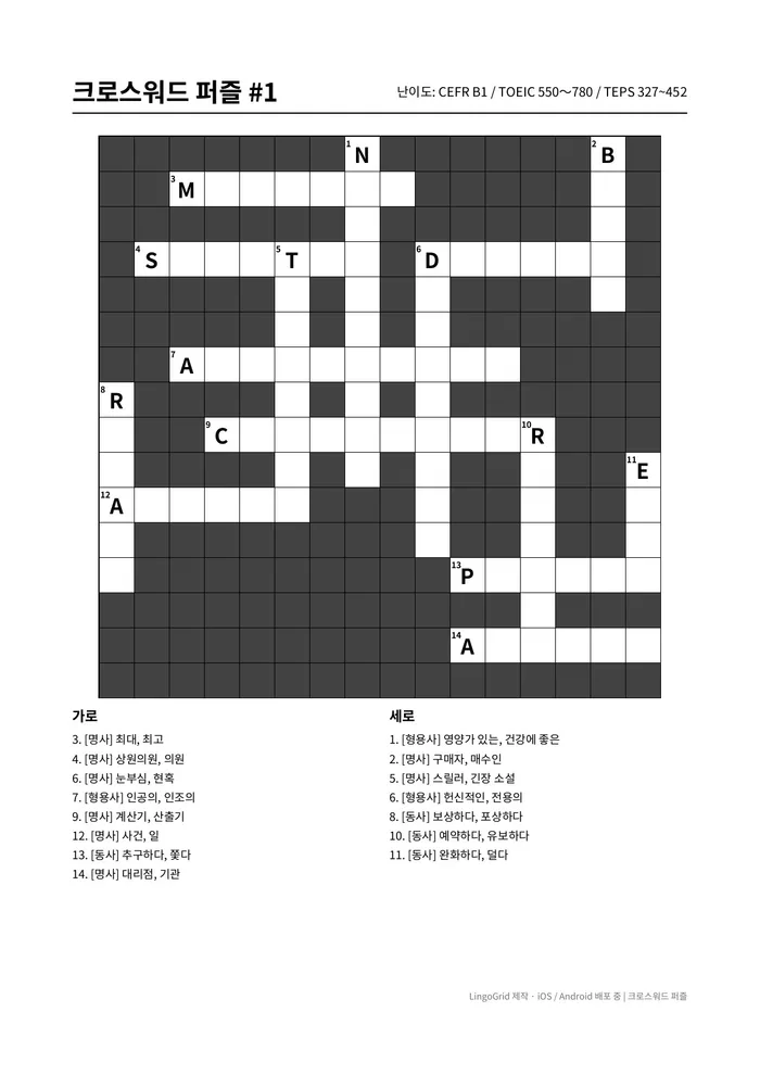 크로스워드 PDF 문제 샘플 (B1)