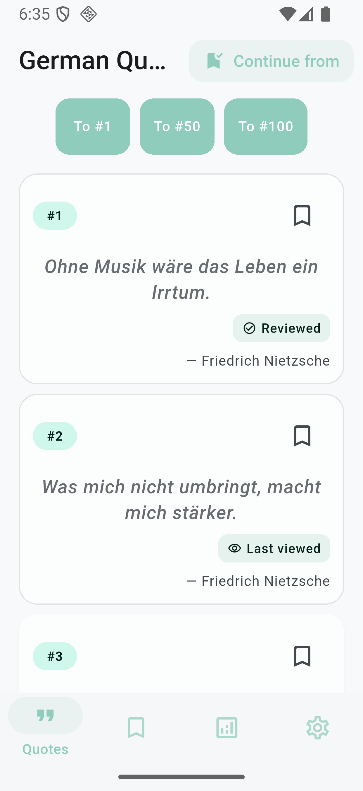 German Quotes Learning App main screen - quotes list