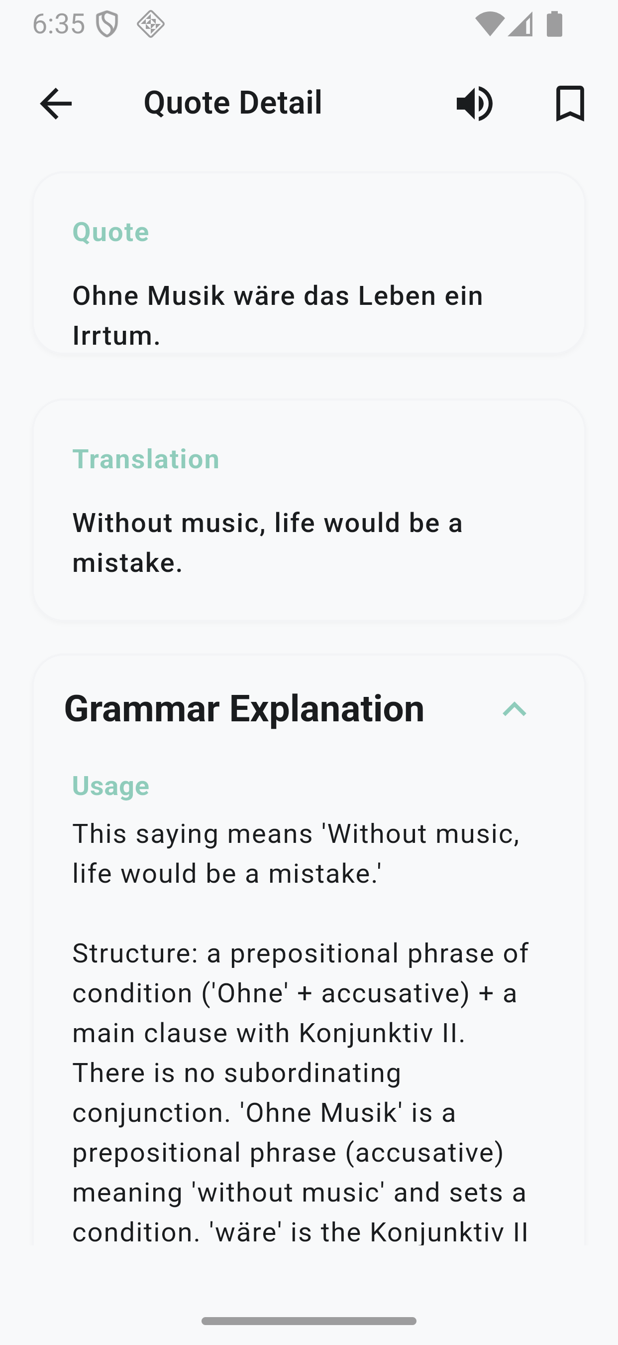German Quotes Learning App quote detail screen - grammar explanation and vocabulary