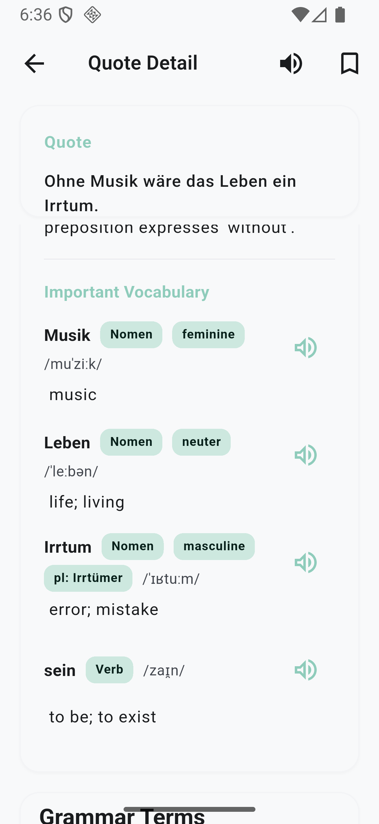 German Quotes Learning App favorites screen - bookmarked quotes list