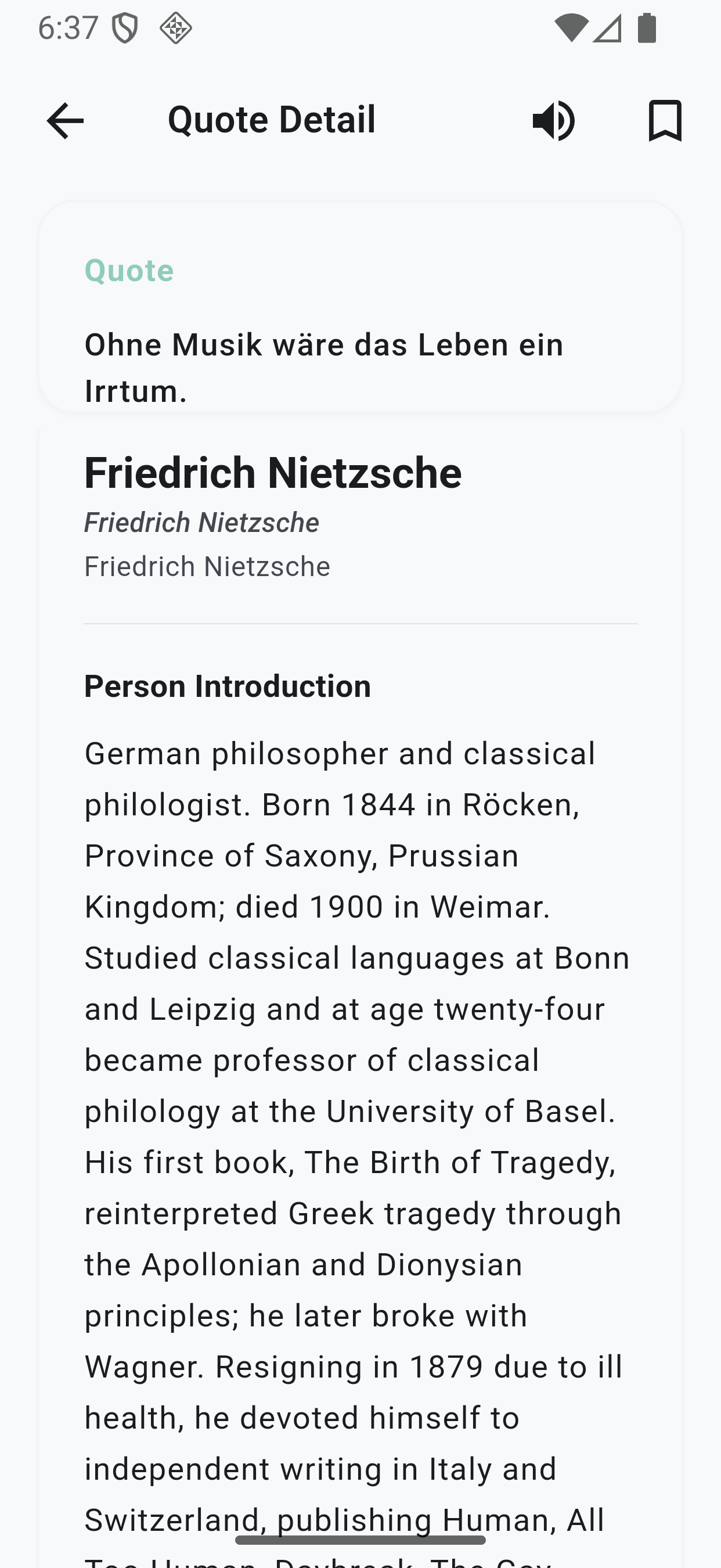 German Quotes Learning App learning screen - detailed explanations