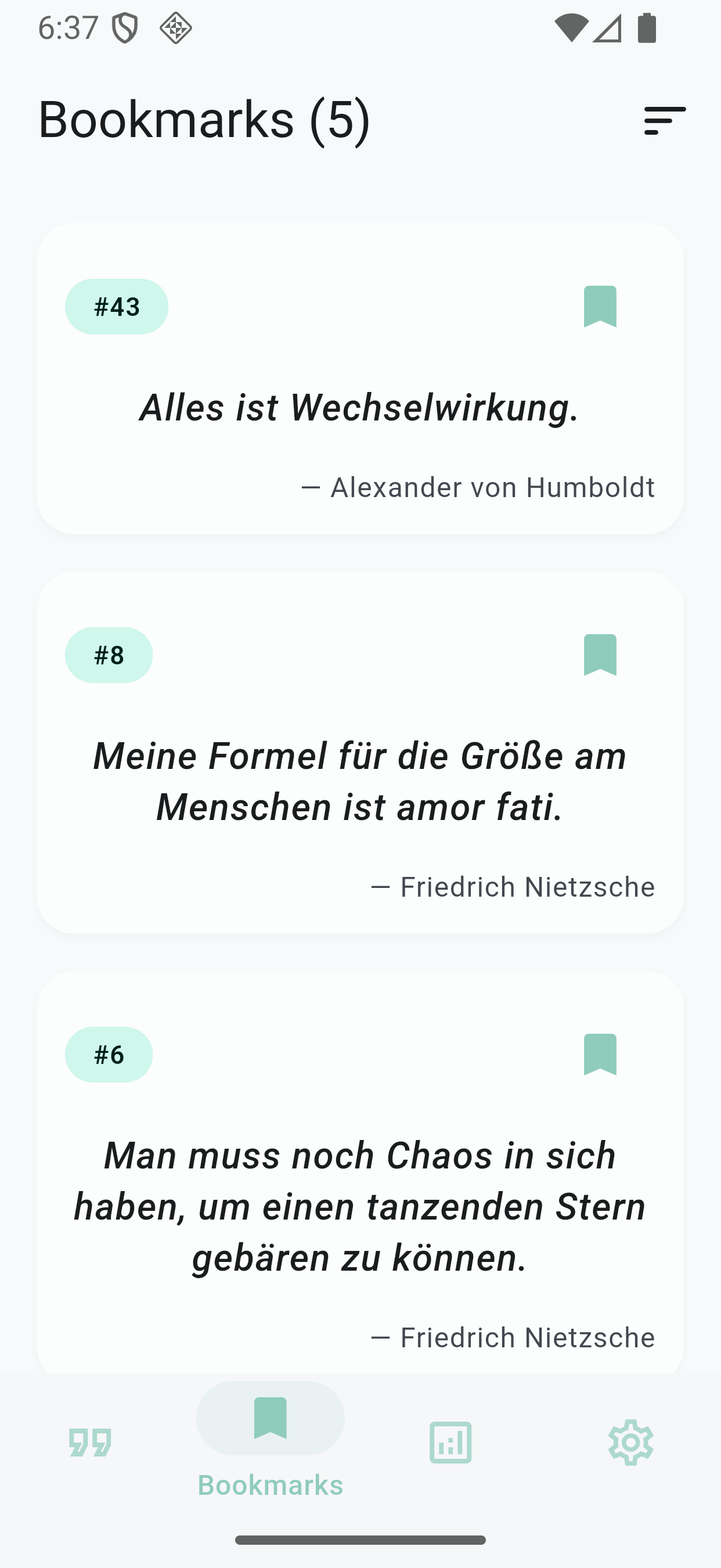 German Quotes Learning App menu screen - category selection