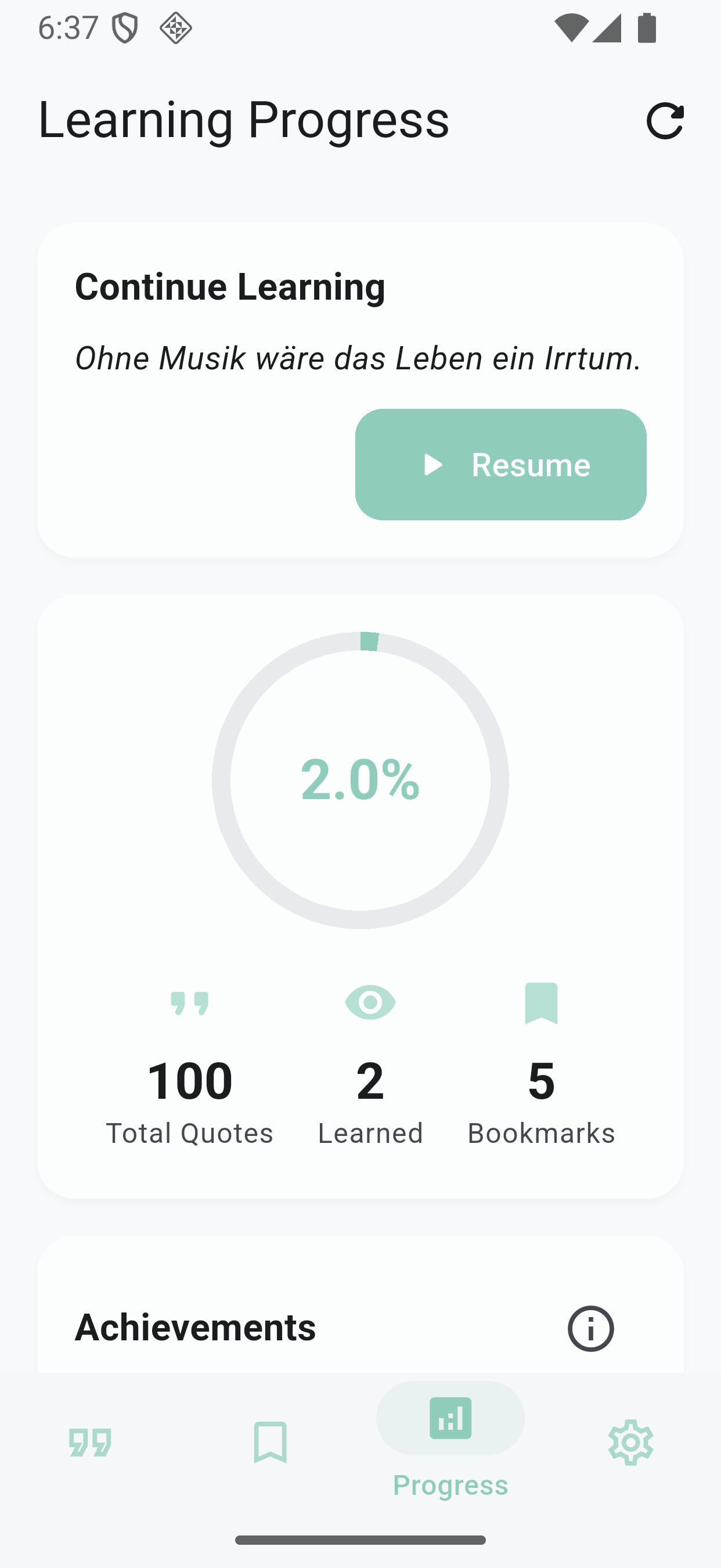 German Quotes Learning App settings screen