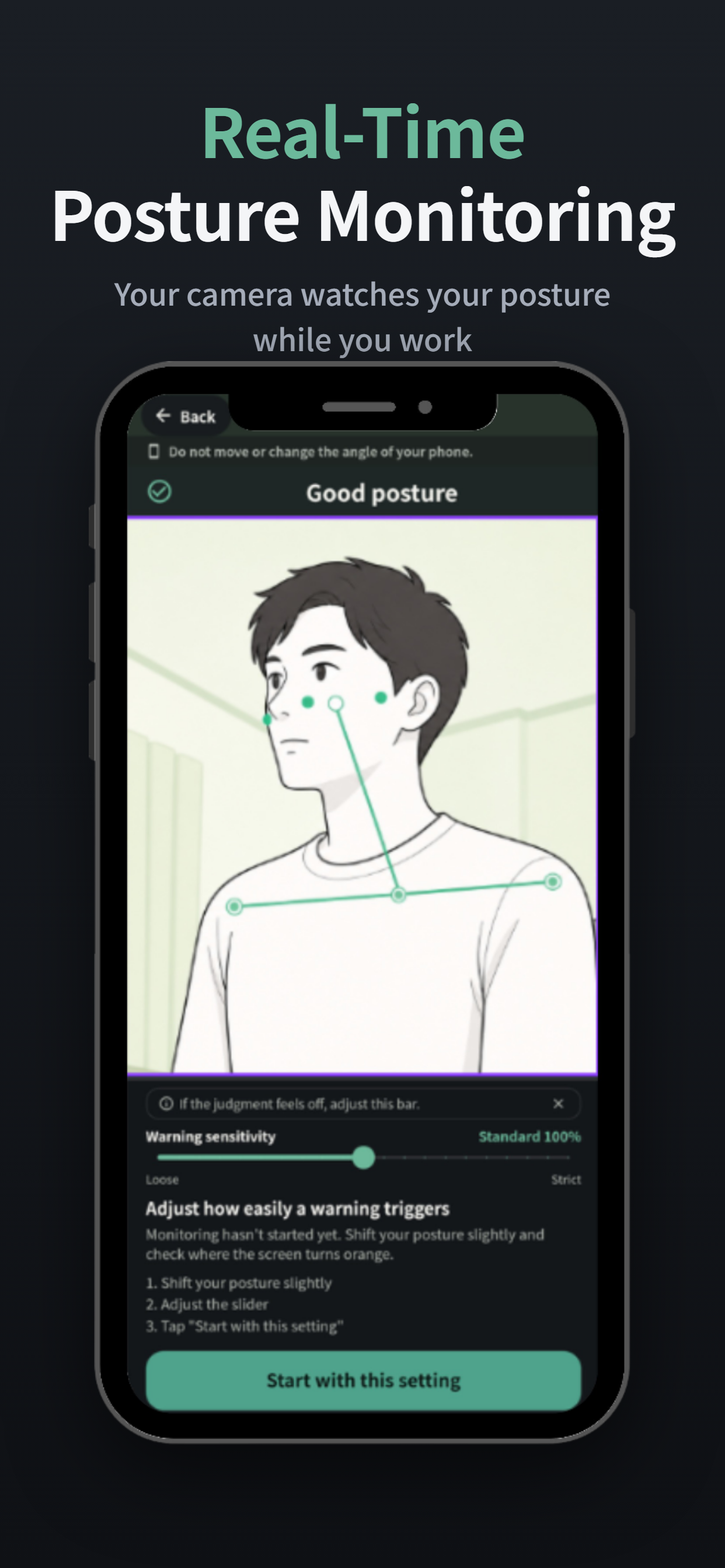Screen showing real-time monitoring of good posture