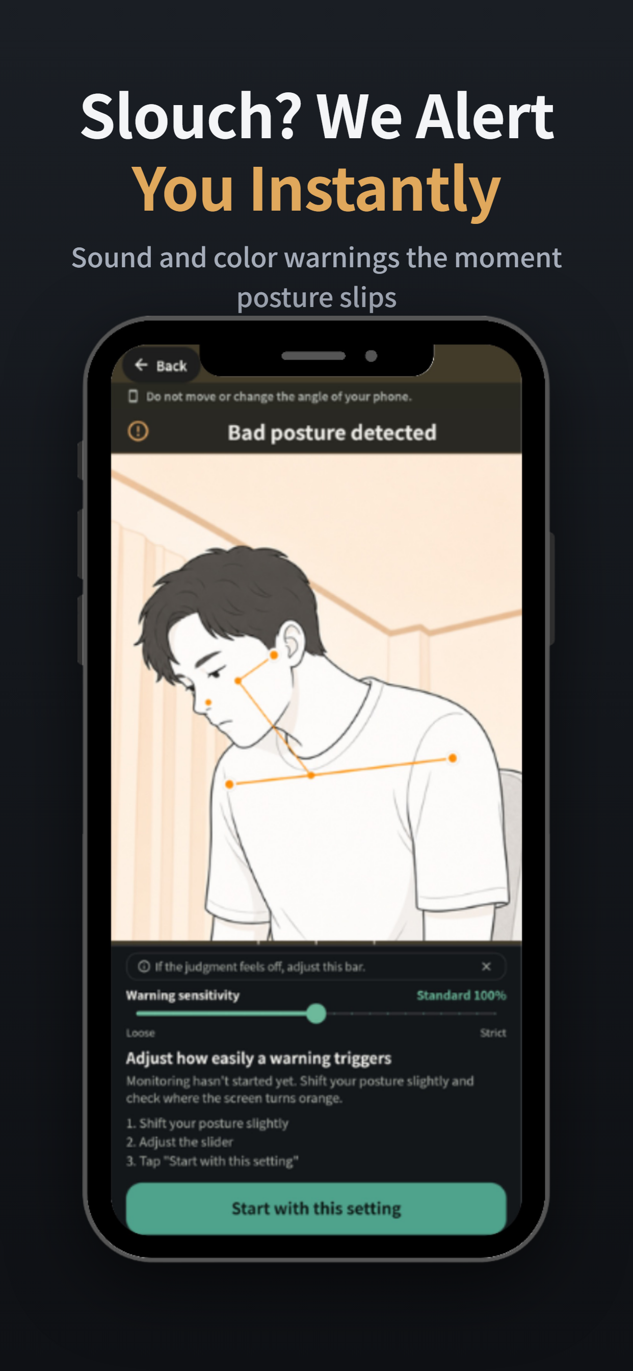 Screen showing a slouching alert
