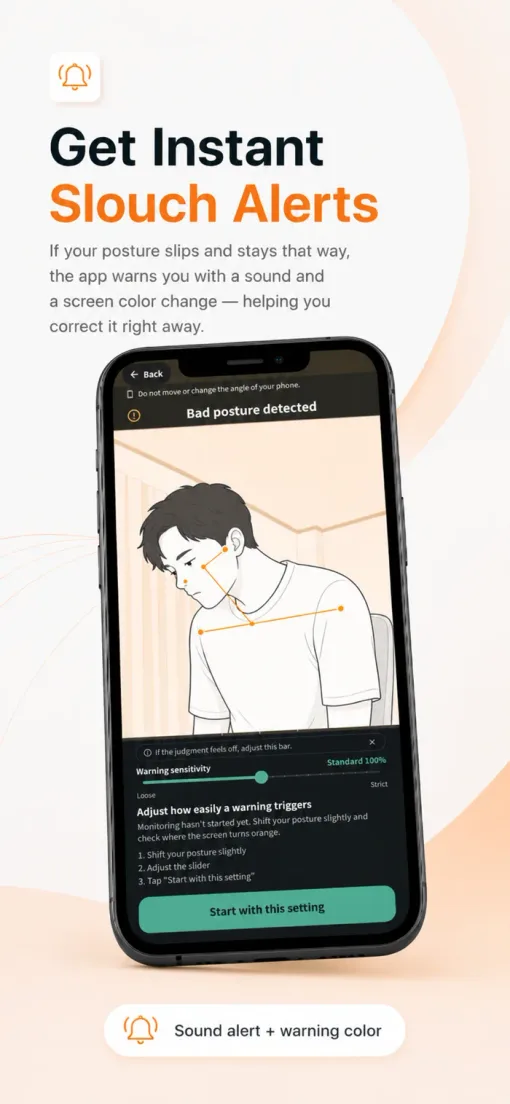 Get Instant Slouch Alerts: the app screen warning that bad posture was detected