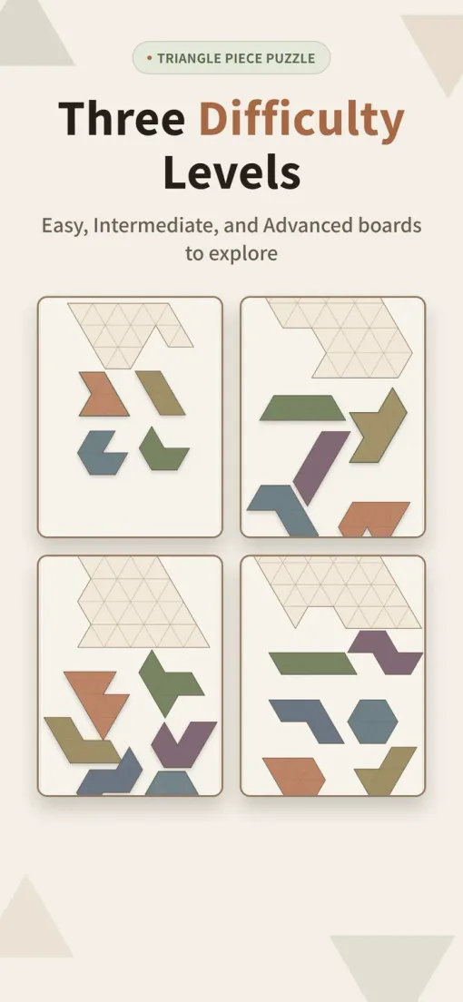 Three difficulty levels: Easy, Intermediate, and Advanced