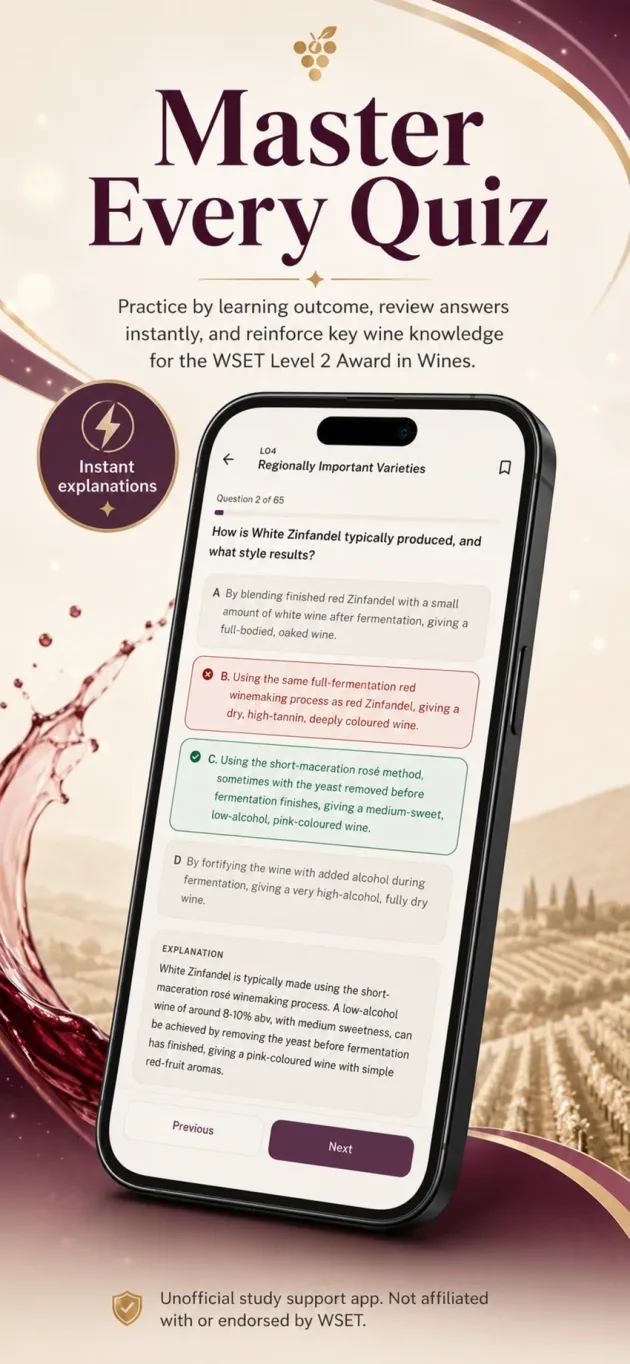 Practice question with instant explanation, showing a WSET Level 2 style question and answer breakdown